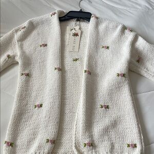 Fanm Mon White Cardigan with Pink and Green Embroidery